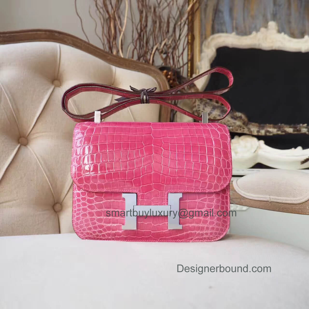 Hermes Constance 23 Bag in e5 Rose Tyrien Shiny Nile Croc PHW